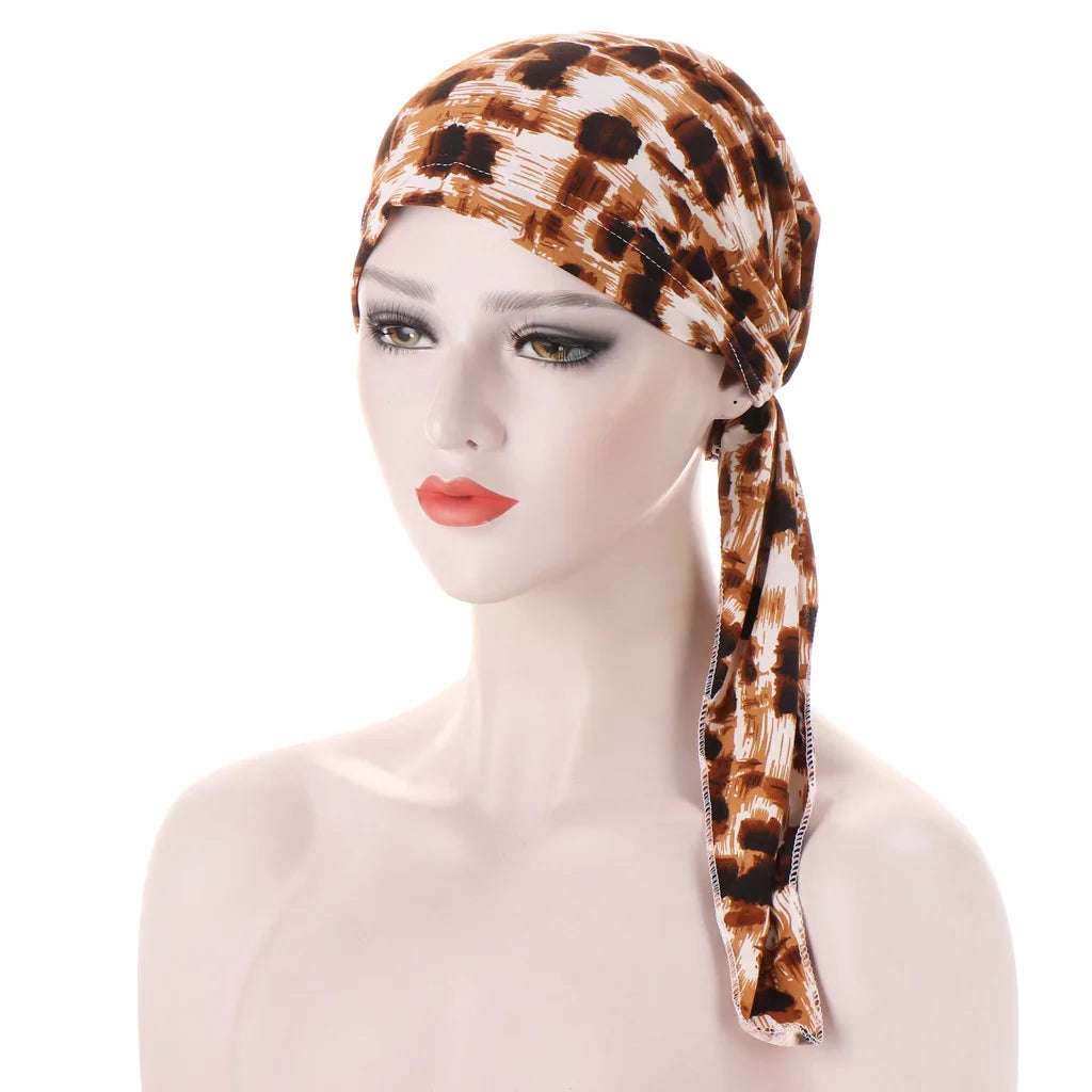 Trendy Print Women Muslim Hijab Caps Wrap Head Soft Elastic Long Tail Turban Bonnet Fashion Headdress Wearable