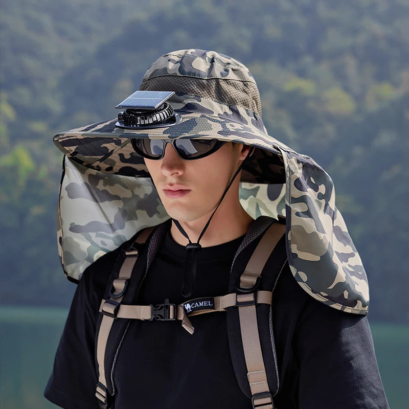 9208-1Men's sun hat 1Solar fan fishing hat, wide-brimmed sunhat outdoor summer camping, beach use, Type-c and solar power supply