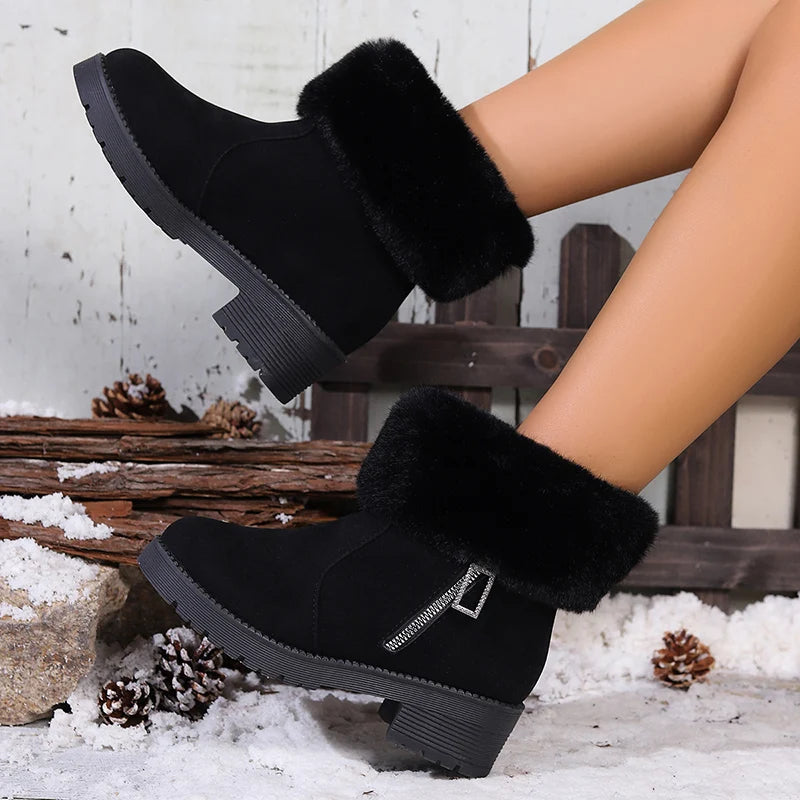 Winter Faux Fur Thick Heels Ankle Boots Women Faux Suede Short Plush Warm Snow Boots Woman 2025 Zipper Plush Winter Botas Mujer