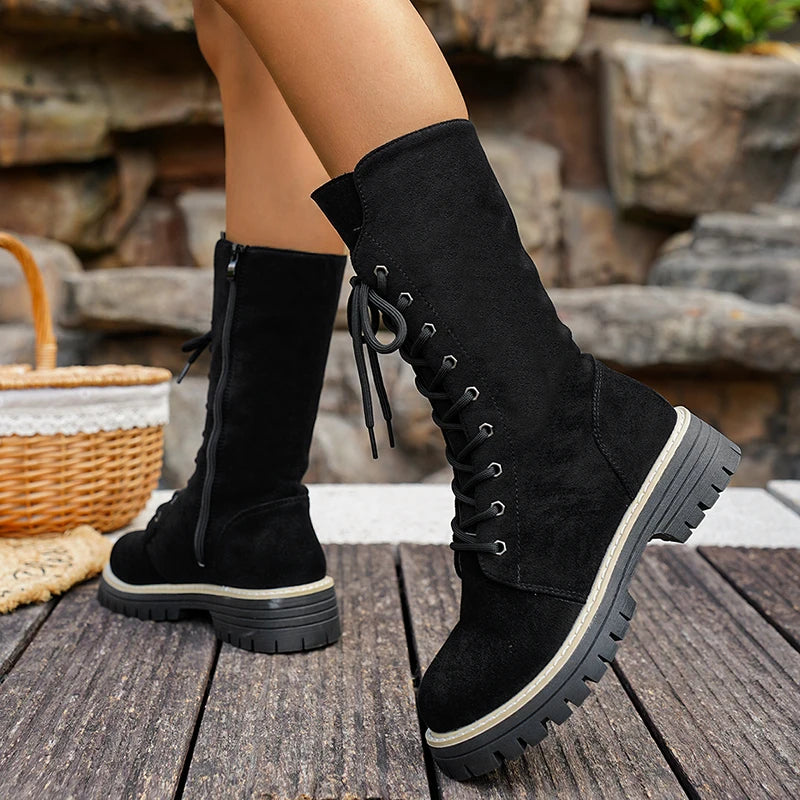 Plus Size 43 Flock Platform Mid Calf Boots Women Fashion Lace Up Thick Sole Riding Boots Woman Side Zipper Autumn Winter Botas