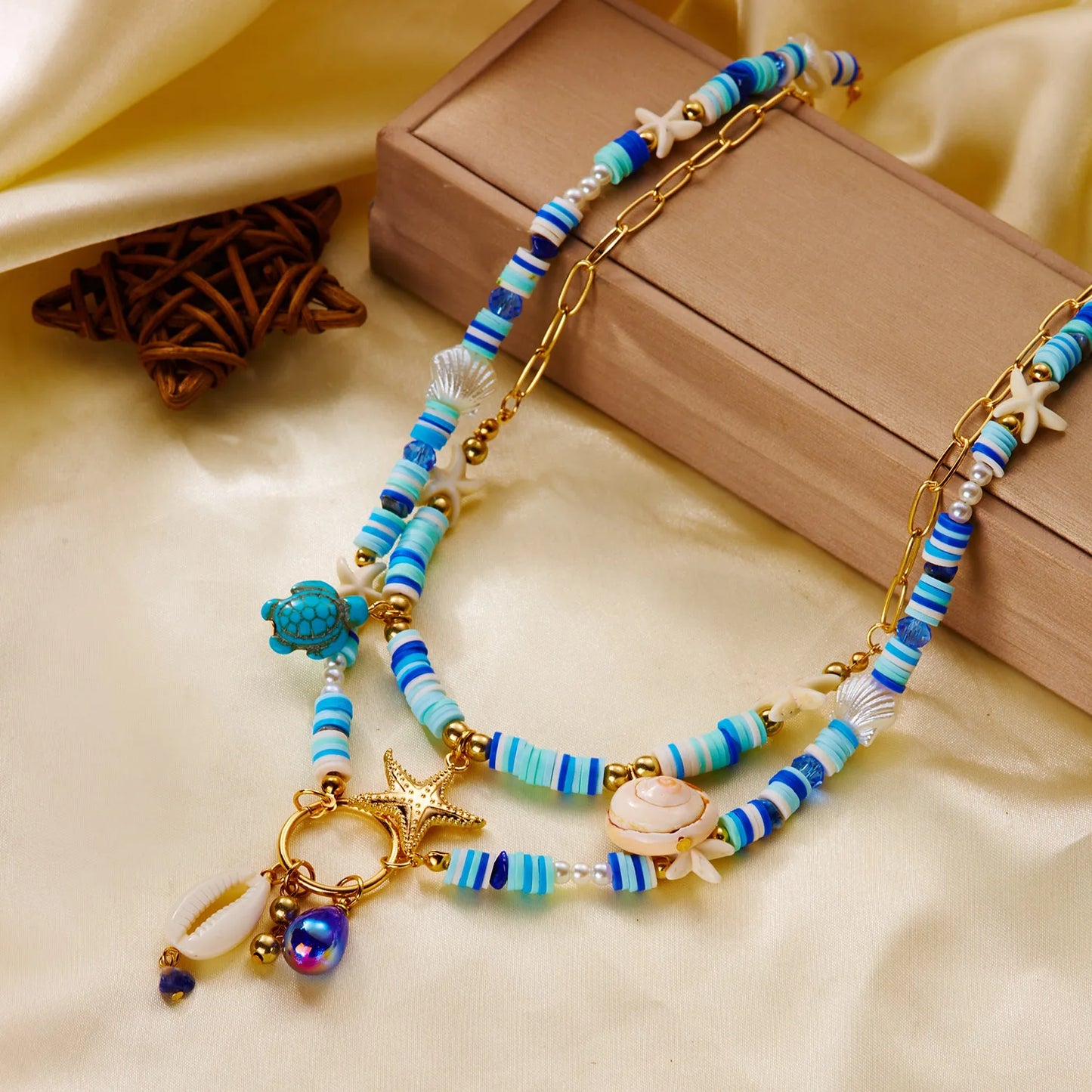 Tropical Fresh 2Pcs Layered Necklace Set For Women Starfish Turtle Shell Polymer Clay Beaded Summer Beach Jewelry