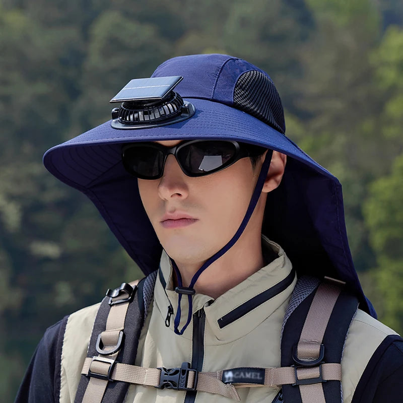 9217Ultra-wide brim sun hat, 1pc solar fan hat, waterproof bucket hat for fishing, hiking and camping