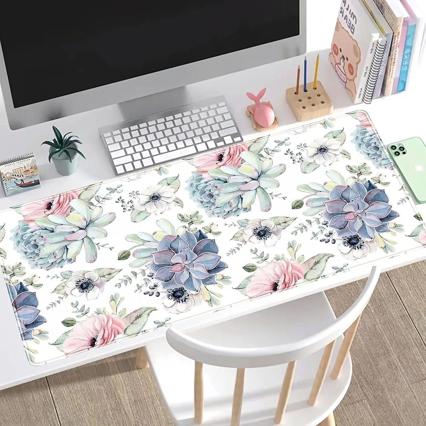 Watercolor Succulents Desk Mat,Gaming Mouse Pad Rubber Base Mousepad with Stitched Edges,Keyboard Mouse Mat for Game/Office/Home