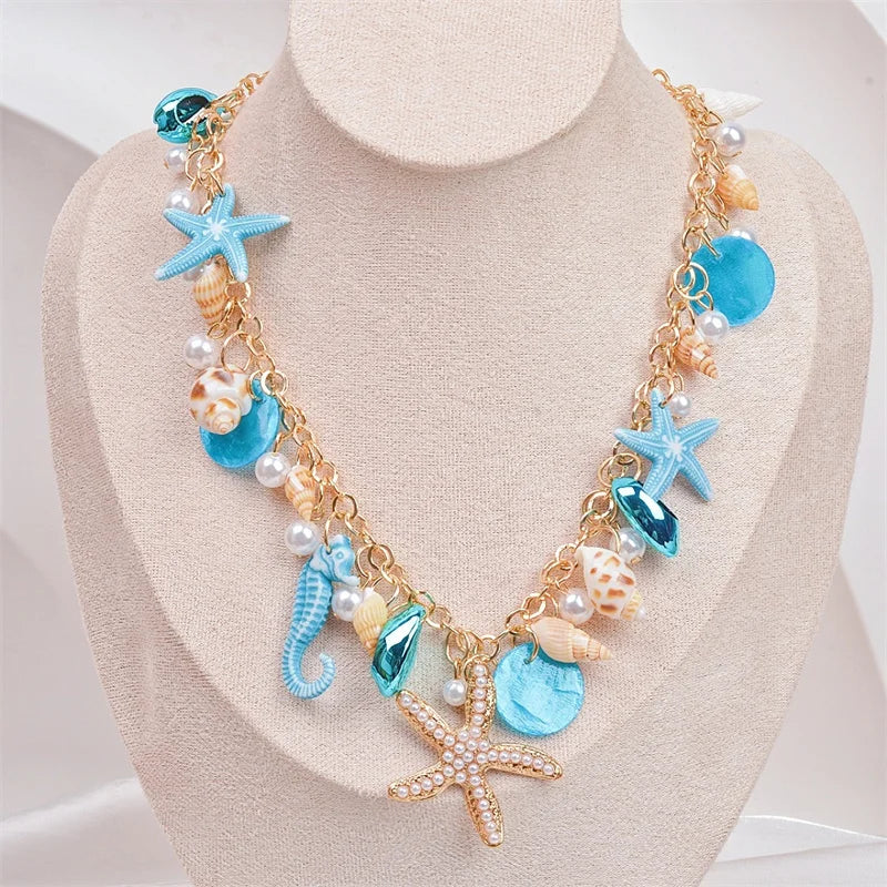 Exaggerated Big Starfish Conch Pendant Necklace Vacation Ocean Style Shell Pearl Choker Necklaces for Women Beach Party Jewelry