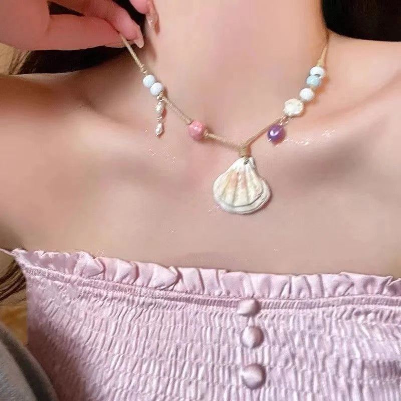 Bohemian Imitation Pearl Ceramic Beaded Shell Necklace for Women Handmade Woven Rope Chain Choker Necklace Summer Beach Jewelry