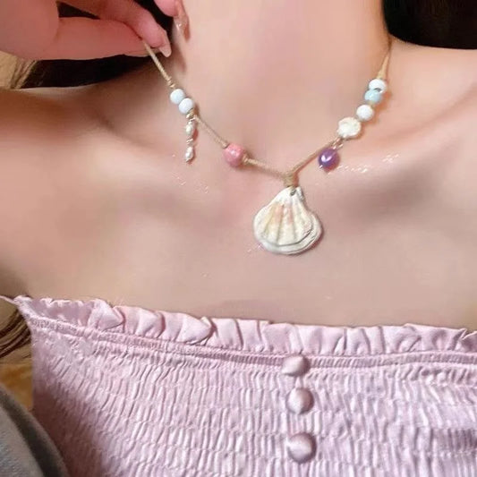 Summer Beach Shell Starfish Pendant Necklace for Women Girls Elegant Imitation Pearl Clavicle Chain Vacation Jewelry Accessories