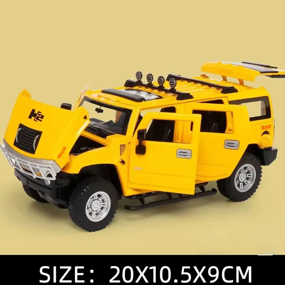 1/24 H2 Police Toy Model Car Alloy Diecast 6 Doors Opened with Sound Light Pull Back Rubber Tire Off-road Vehicles for Kid Gifts
