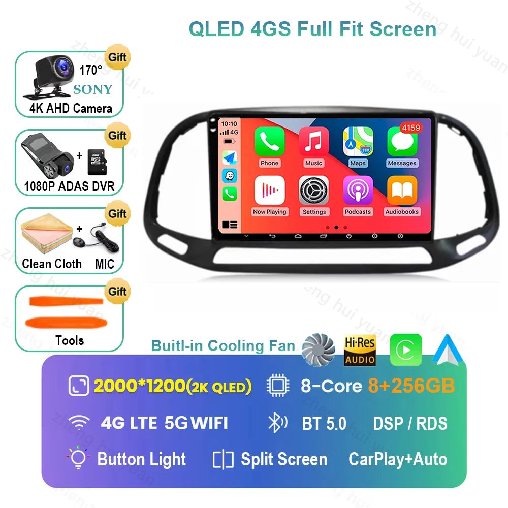For Fiat Doblo 2015 - 2018 2019 2020 Android 16 GPS WIFI 4G Carplay&Auto Car Radio Navigation QLED Multimedia Stereo Player BT