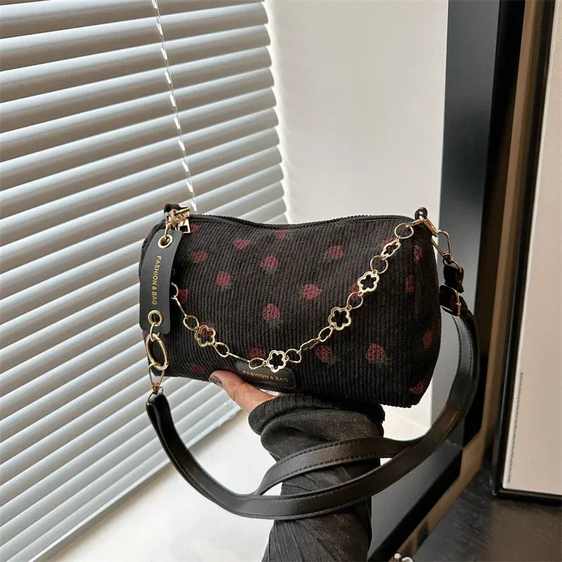 Cute Strawberry Print Mini Underarm Bag Small Fresh Corduroy Women Tote Handbag Casual Versatile Commuter Travel Shoulder Bag