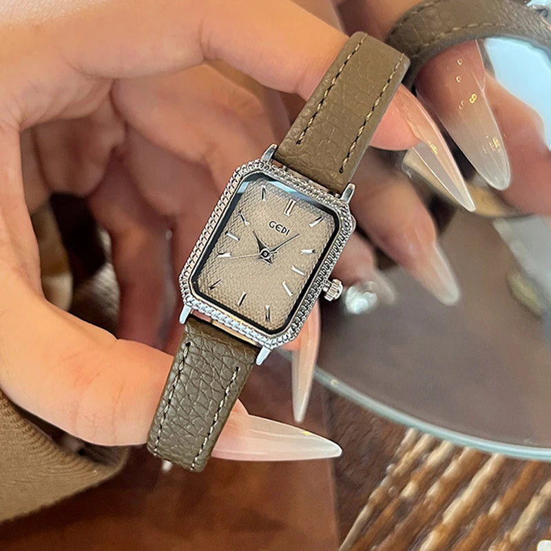 GEDI Ladies Small Wristwatches Elegant Square Vintage Watches for Woman Girlfriend Leather Strap Quartz Watch Gifts New