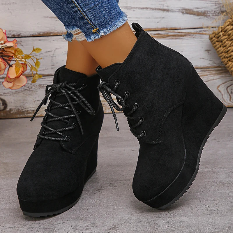 Fashion Lace Up Wedge Boots for Women Plus Size 35-42 Chunky Platform Ankle Boots Woman Autumn Winter Faux Suede Short Booties