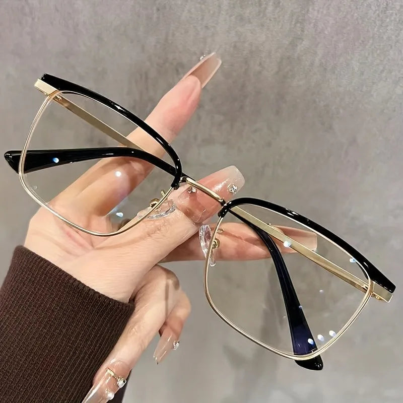Light weight Half-Frame Round Clear Lens Glasses, Metal Frame Computer Spectacles for Women and Men