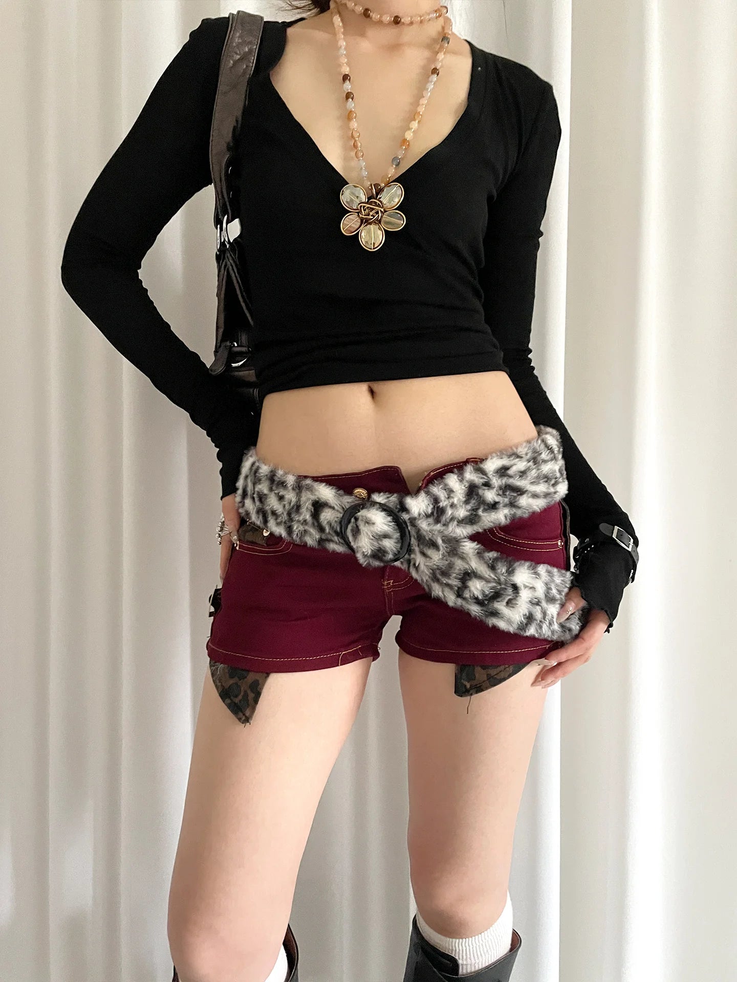 Fringe Design Leopard Print Faux Fur Belt Sexy Autumn And Winter Subculture Fluffy Accessories Post-Apocalyptic Style Belt