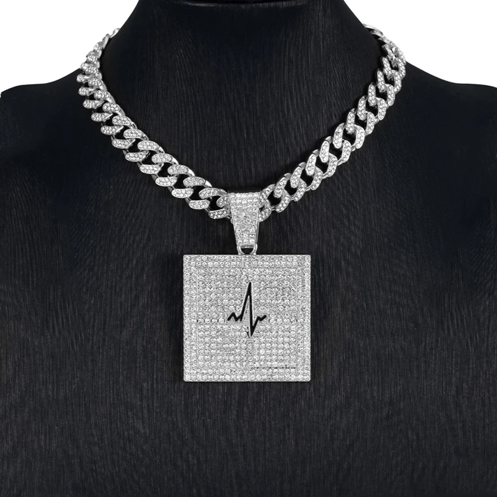 Hip Hop Electrocardiogram Lifeline Geometric Pendant Necklace With 13mm Box Buckle Cuban Chain Necklaces Fashion Jewelry For Men