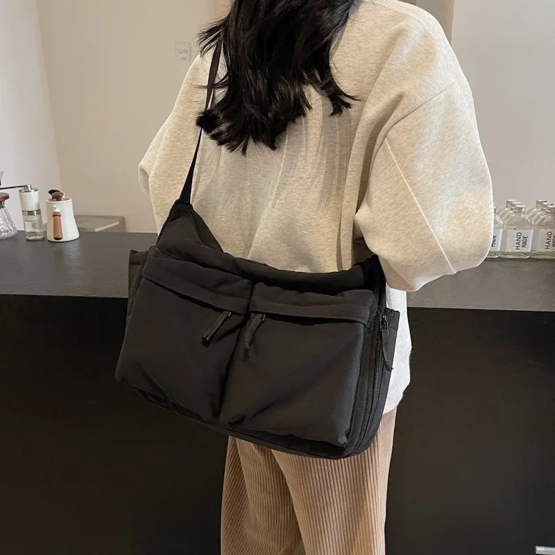 White Casual Work Style Waterproof Nylon Crossbody Shoulder Bag W/Large Capacity