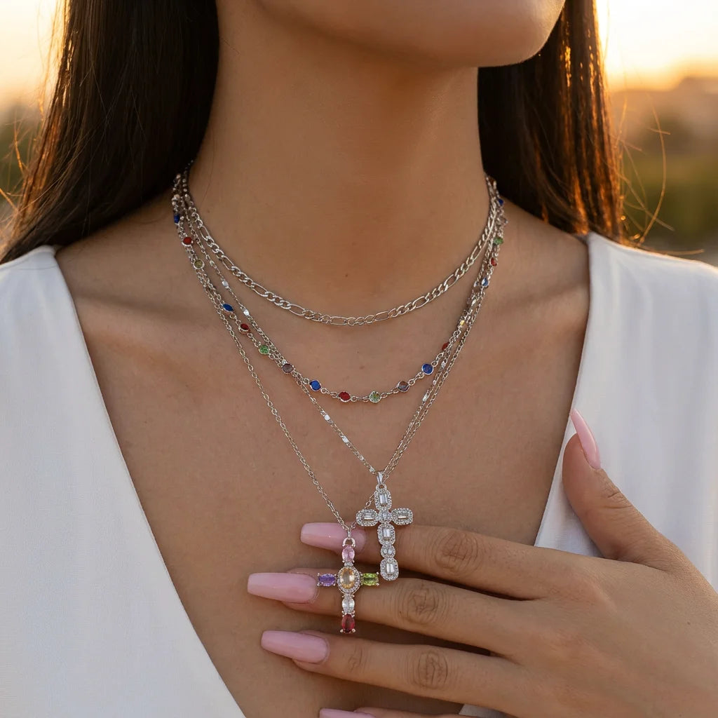 Boho Layered Gold Color Chain Necklace for Women Colorful Crystal Cross Pendant Choker Aesthetics Y2K Trend Jewelry Party Gift