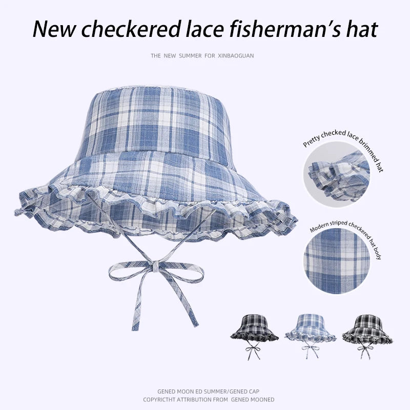 6154-New spring and summer style women's outdoor travel sun hat with laceandwidebrimforsunprotection.Retroandfashionablesstriped