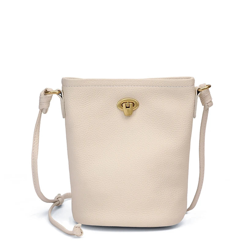 Women's Genuine Leather Mini Crossbody Bag Ladies' Waxed Cowhide Vintage Shoulder Bag Brand Small Chic Cellphone Bucket Bag
