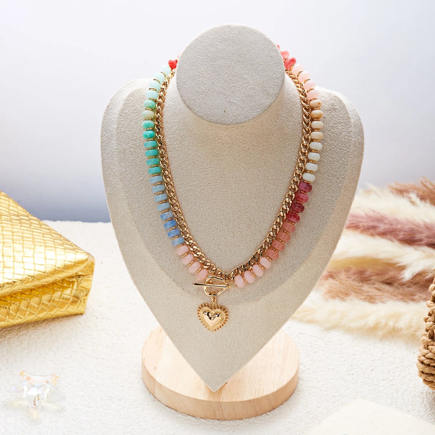 Y2K Dopamine Colorful Beaded Heart Necklace for Women Half Chain Half Bead Chunky Choker Pendant Necklace Statement Jewelry