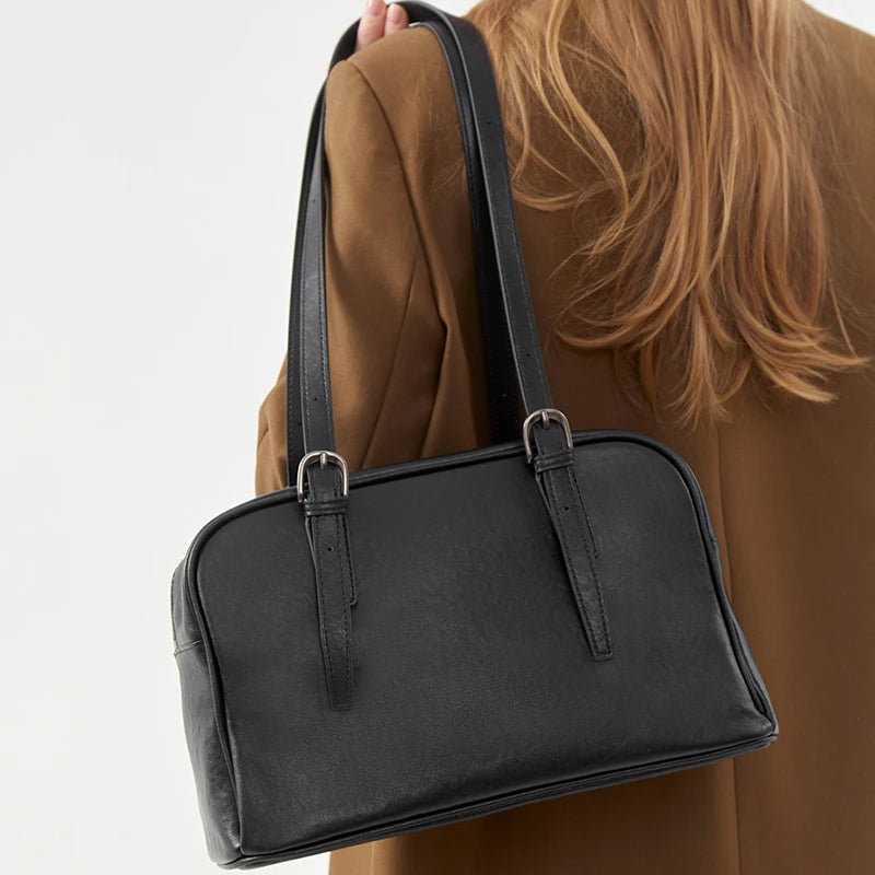 women's Vegetable tanned Cow leather bowling bag female niche retro large capacity genuine leather Crossbody shoulder bag