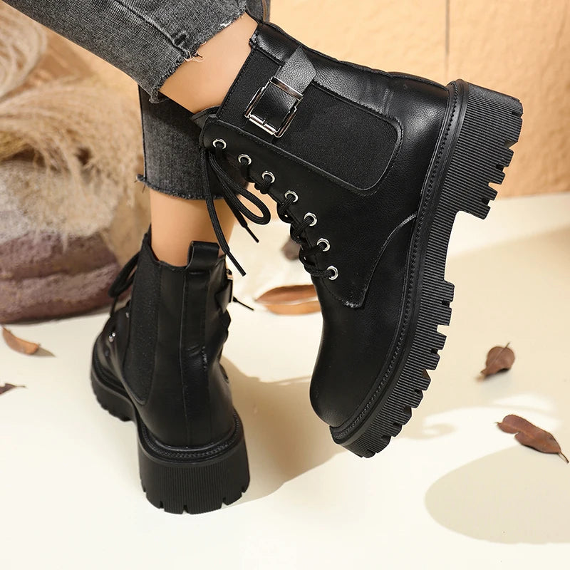 Fashion Buckle Platform Motorcycle Boots Women Black Pu Leather Lace Up Ankle Boots Woman British Style Thick Sole Short Booties