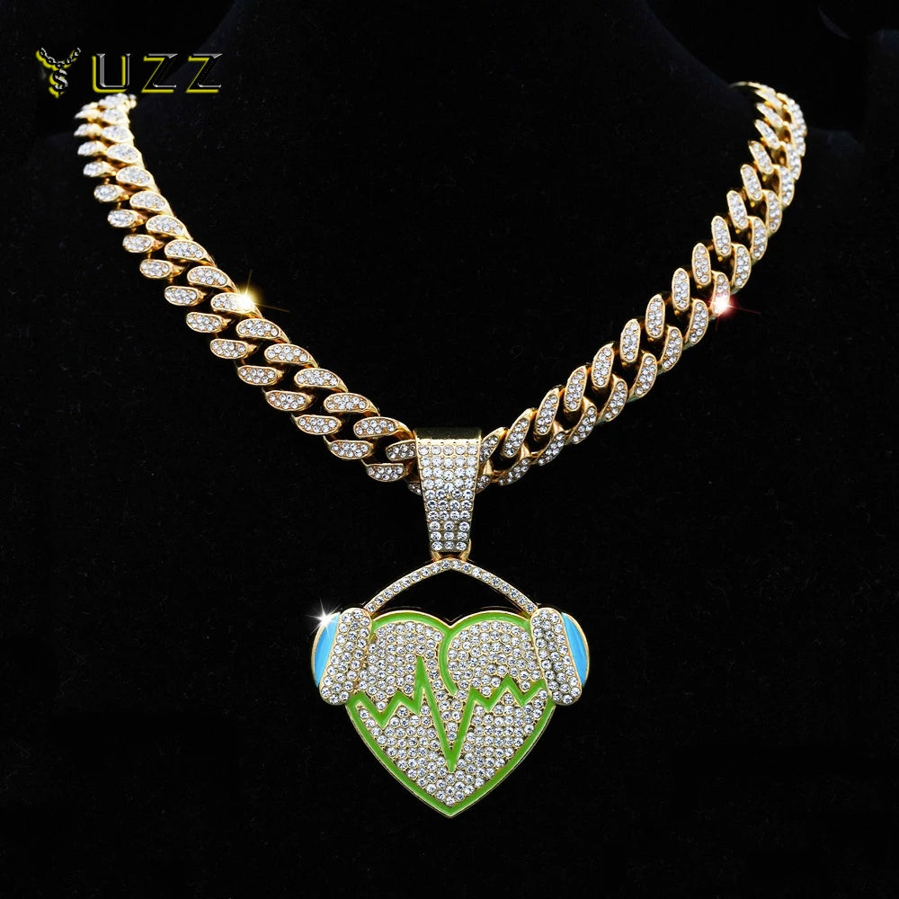 Hip Hop Full Rhinestones Cuban Chain Bling Iced Out Heart with Headphones Pendant Necklaces for Men Rapper Jewelry Drop Shipping