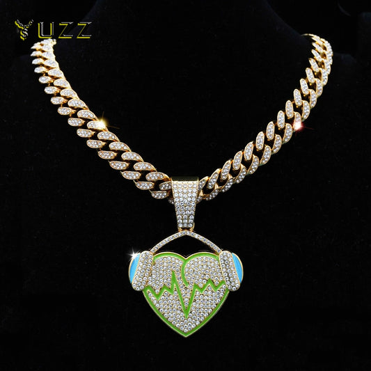 Hip Hop Full Rhinestones Cuban Chain Bling Iced Out Heart with Headphones Pendant Necklaces for Men Rapper Jewelry Drop Shipping