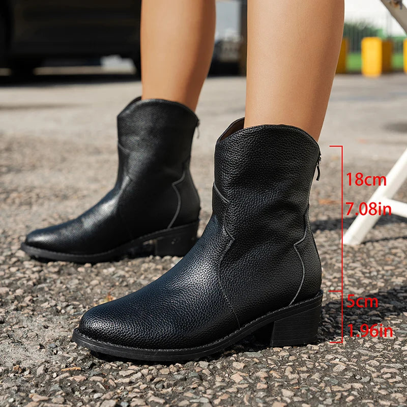 Vintage Black Pointed Toe Western Boots Women Slip On Thick Heels Ankle Boots Woman Back Zipper Autumn Winter Botas Mujer 36-42