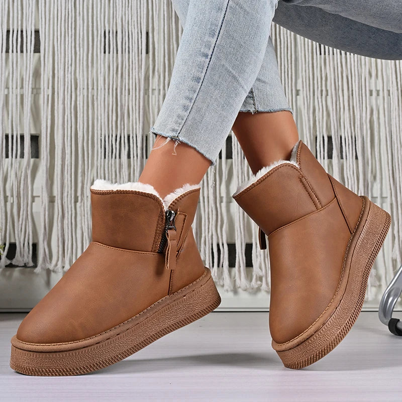 Pu Leather Warm Thicken Plush Snow Boots Women Comfort Thick Sole Non Slip Cotton Padded Shoes Woman Zipper Fluffy Winter Boots