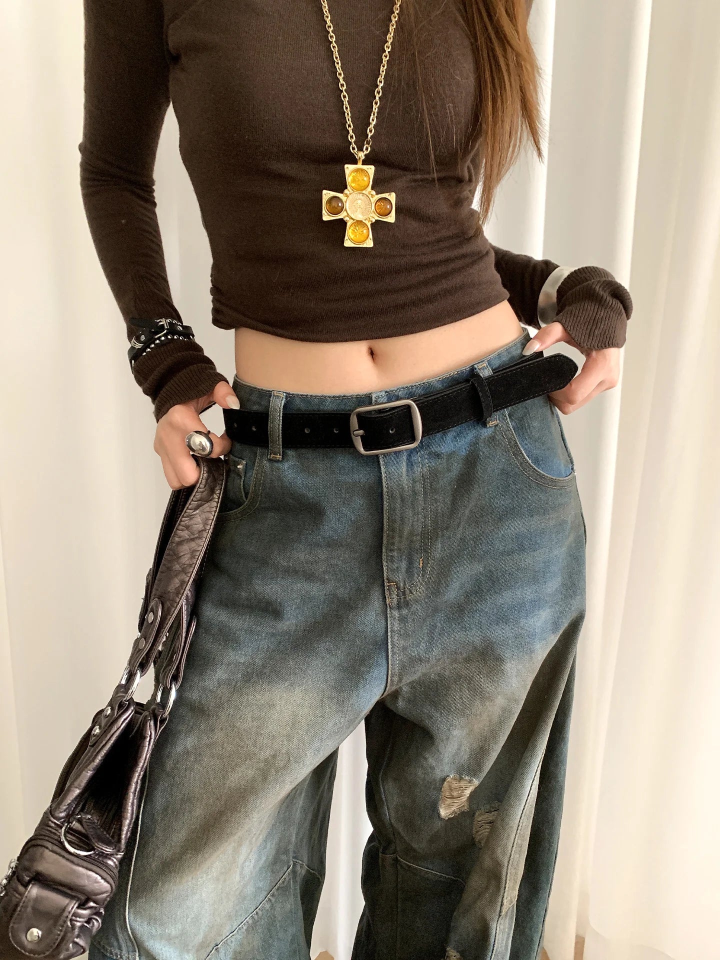 Korean Version Of Retro Velvet Brown Belt For Women A Small Number Of Skirts And Jeans Belts With A High-End Feel