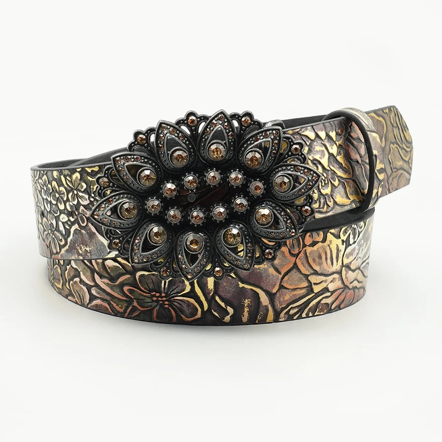 Elegant Retro Black Rhinestone Inlaid Women's Belt with Leaf Pattern Printed Belt, Classic Decoration, Fashionable Casual Belt