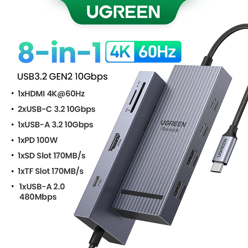 UGREEN USB-C HUB 9-in-1 Type-C to 4K60Hz HDMI 10Gbps Data 1000Mbps RJ45 PD100W SD&TF for Laptop Accessories MacBook DELL iPad HP