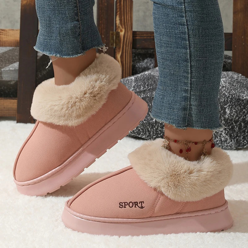 Pink Faux Fur Snow Boots for Women 2025 Warm Thicken Plush Platform Winter Boots Woman Thick Sole Non Slip Cotton Padded Shoes