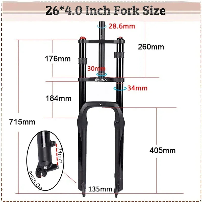 BUCKLOS E-bike Bike Air Supension Fork 26*4.0 Inch Snow Fatbike Front Fork Double Shoulder MTB Fork 135x9mm Travel Air Forks