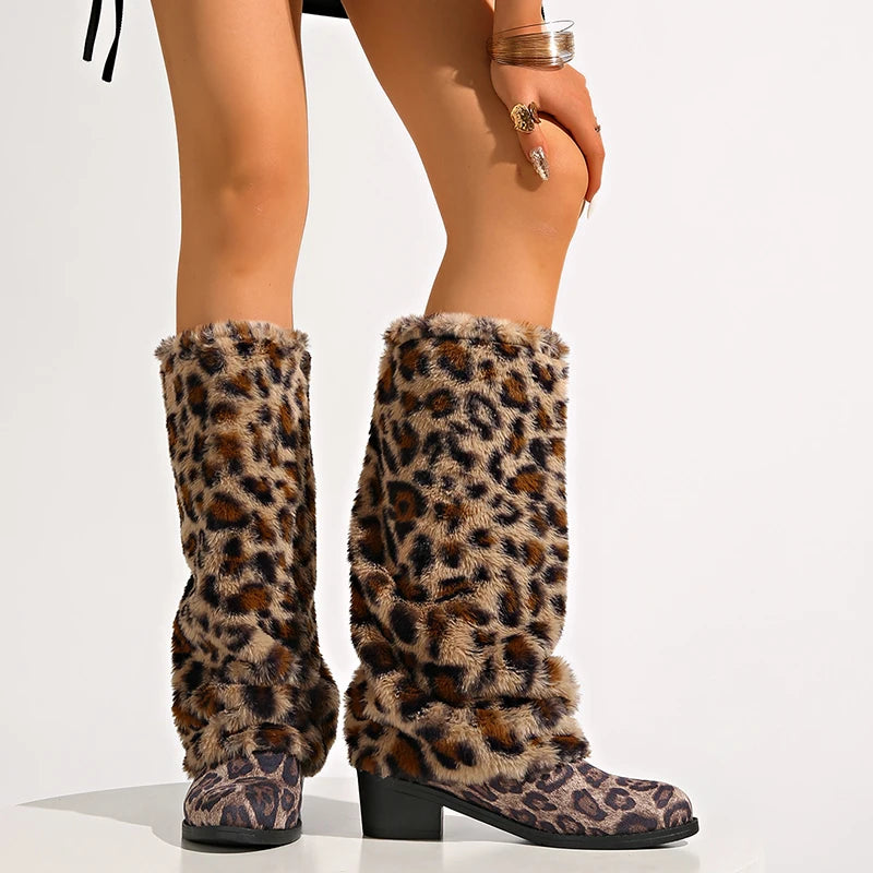 Fashion Leopard Print Fluffy Knee High Boots Women Thick Heels Winter Long Boots Woman Plus Size 42 Slip On Western Botas Mujer