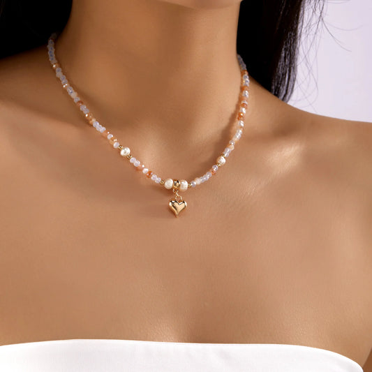 Luxury Elegant Crystal Beads Imitation Pearl Necklace for Women Fashion Love Heart Pendant Choker Neck Chain Jewelry Accessories