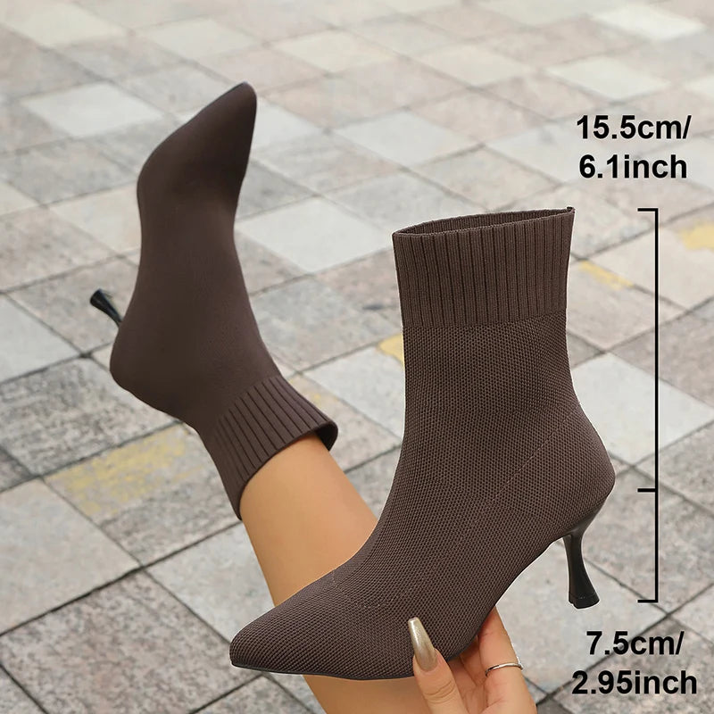 Fashion Slip On Slim Knitted Ankle Boots Women Plus Size Stretch High Heel Boots Woman Autumn Winter Thin Heeled Sock Booties