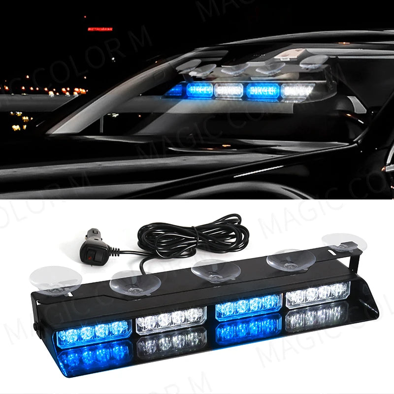 16 LED Car Strobe Light For Emergency Flash Warning Lamp Windshield Bar Red Blue Amber White Waterproof Auto Light Assembly 12V