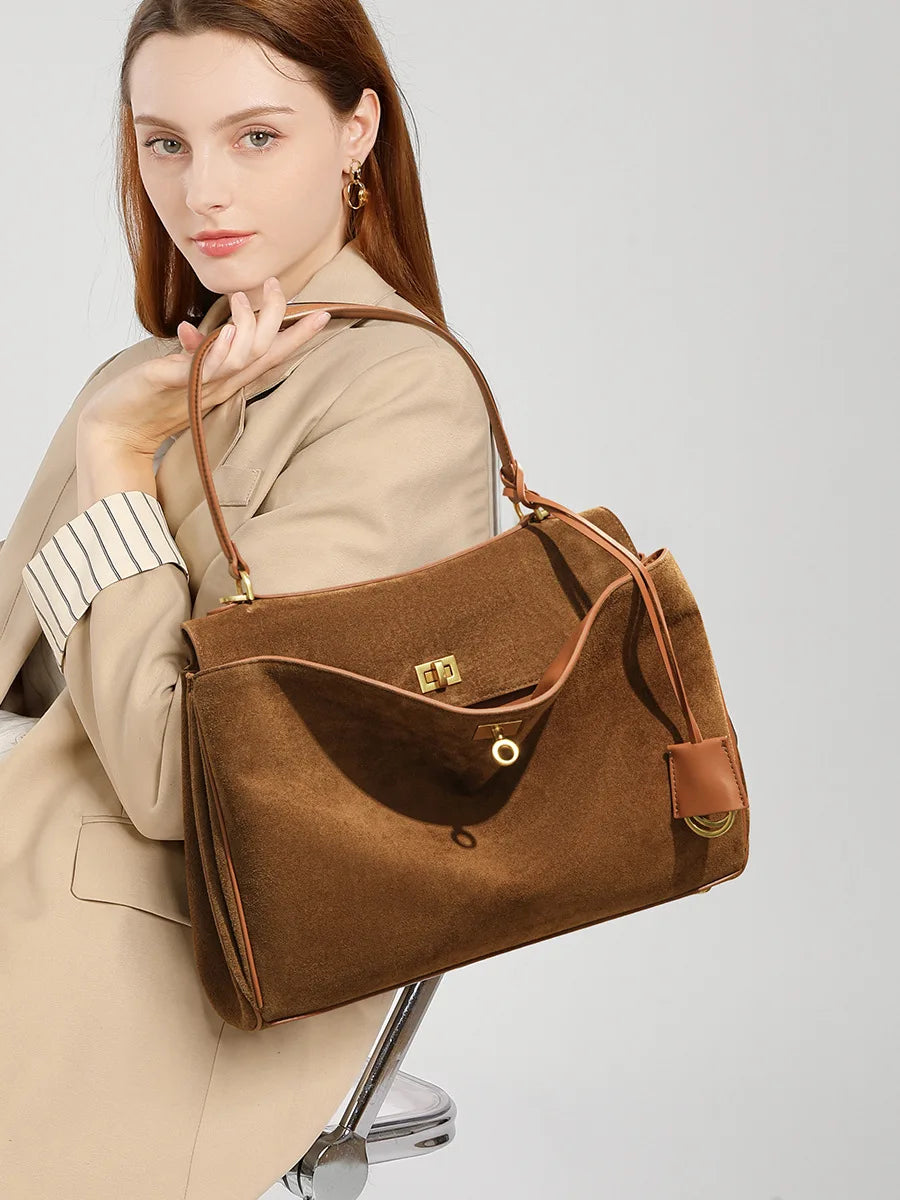 Women Suede Leather Bag Shoulder Handbag Large Capacity Single Tote Bag Handbag Matte Suede High-End Feel Women's Large Bag