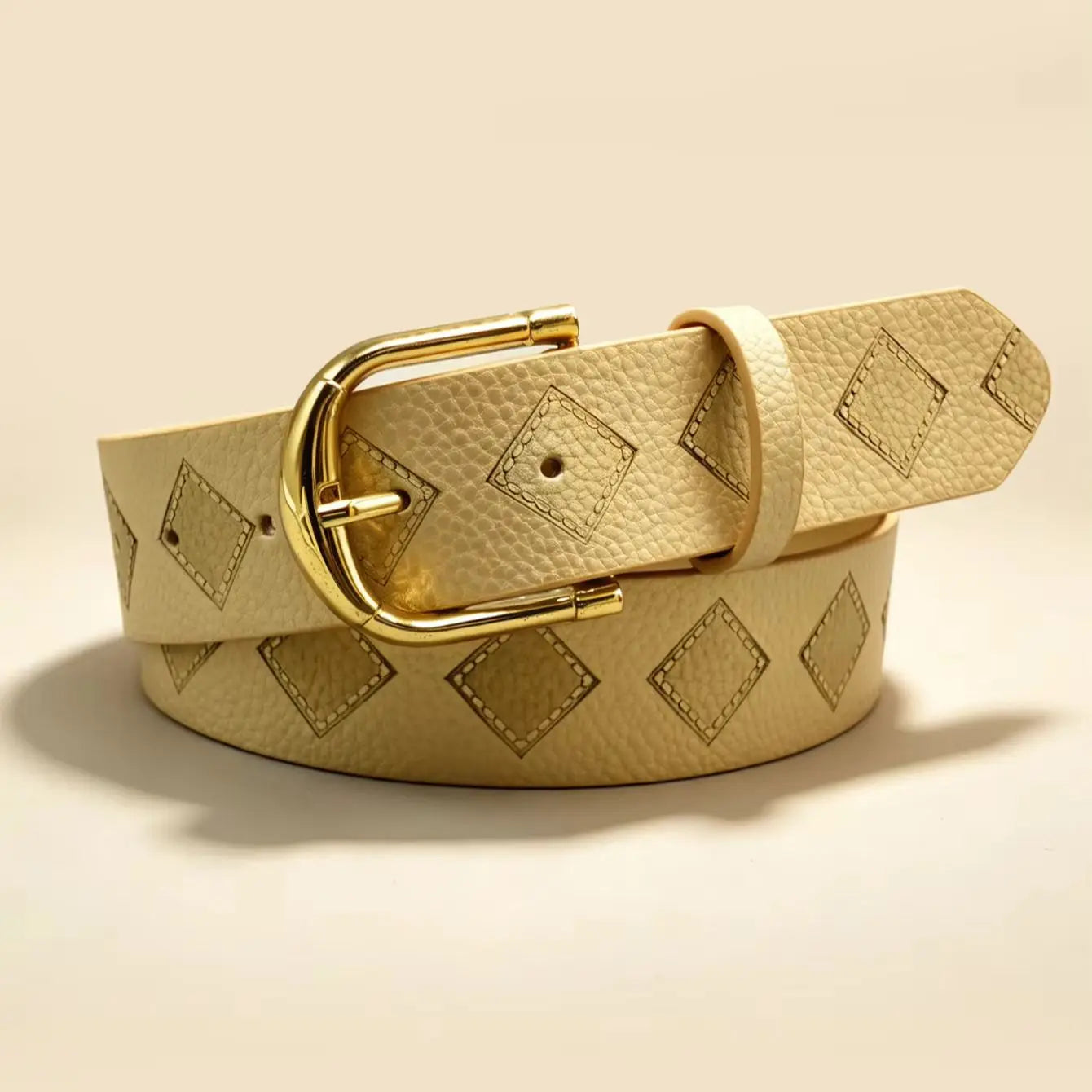 Beige Diamond Embossed Belt, Gold Pin Buckle Minimalist Versatile Women's Casual Waistband