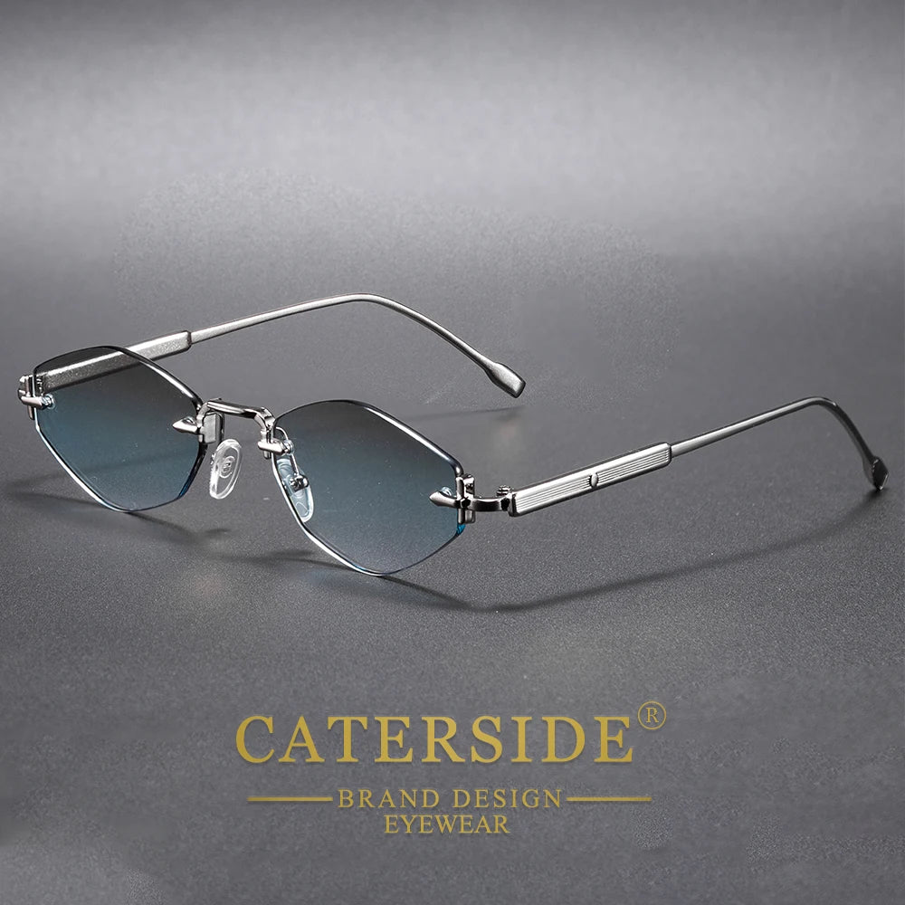 CATERSIDE Men's Small Frameless Sunglasses High-Quality Polygon Metal Frame Y2K Sun Glasses Women's Party Outdoor Glasses UV400
