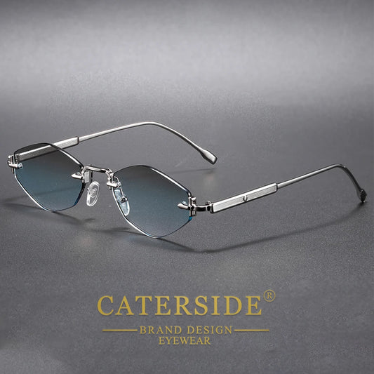 CATERSIDE Men's Small Frameless Sunglasses High-Quality Polygon Metal Frame Y2K Sun Glasses Women's Party Outdoor Glasses UV400