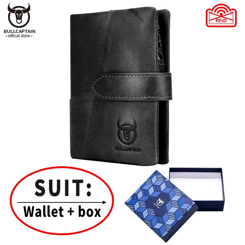 BULLCAPTAIN Men's Genuine Leather Wallet Retro Casual Snap Tri-fold Cash Clip RFID Anti-Theft Card Holder Detachable Coin Holder