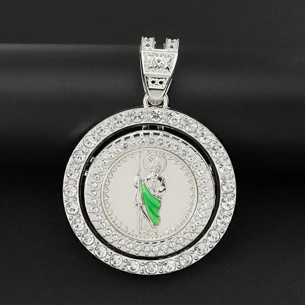 Men's Hip Hop Rotatable St. Jude San Judas Pendant Necklace with Cuban Chain Religious rotation Saint Jude Idol Pendants Jewelry