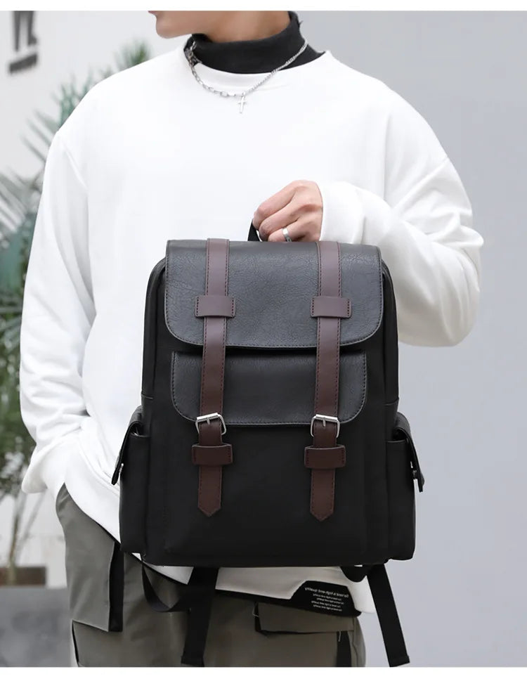 Leather Shoulder Backpack Waterproof Men Retro Casual Business Laptop Bags