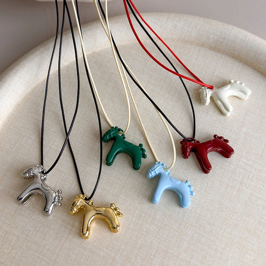 Funny Cartoon Colorful Horse Pendant Necklace for Women Adjustable Black Wax Rope Long Sweater Chain Accessories Fashion Jewelry