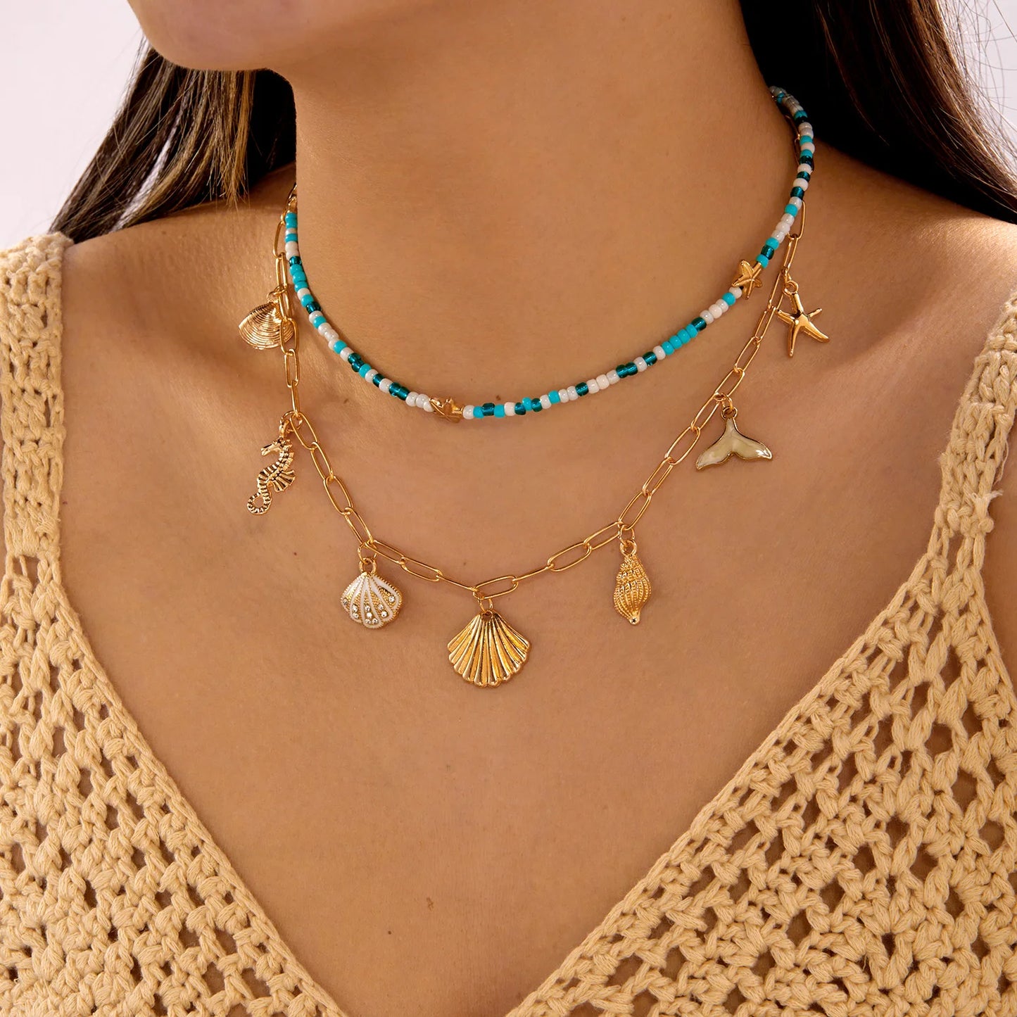 Tropical 2Pcs Layered Necklace Set For Women Ocean Themed Shell Seahorse Starfish Fish Tail Beaded Summer Beach Jewelry