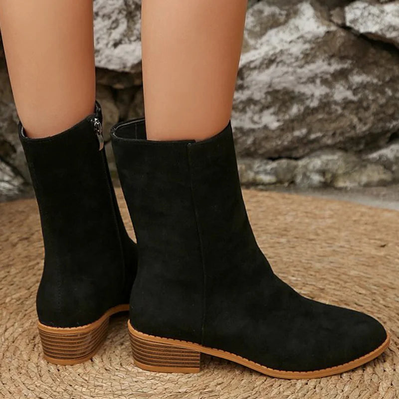 Elegant Square Heel Boots for Women Comfort Pointed Toe Mid Heel Ankle Boots Woman 2025 Plus Size Faux Suede Booties Female