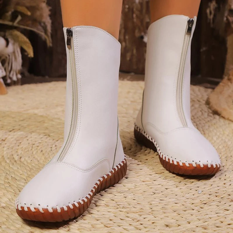 Vintage Pu Leather Mid-Calf Boots Women Winter Thick Warm Short Plush Boots Woman Zipper Flat Heel Beige Black Botas Mujer
