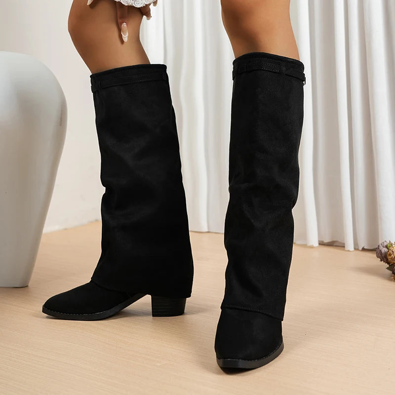 Fashion Flock High Heels Knee High Boots Women Plus Size 36-43 Pointed Toe Shark Boots Woman Slip On Wide Leg Long Botas Mujer